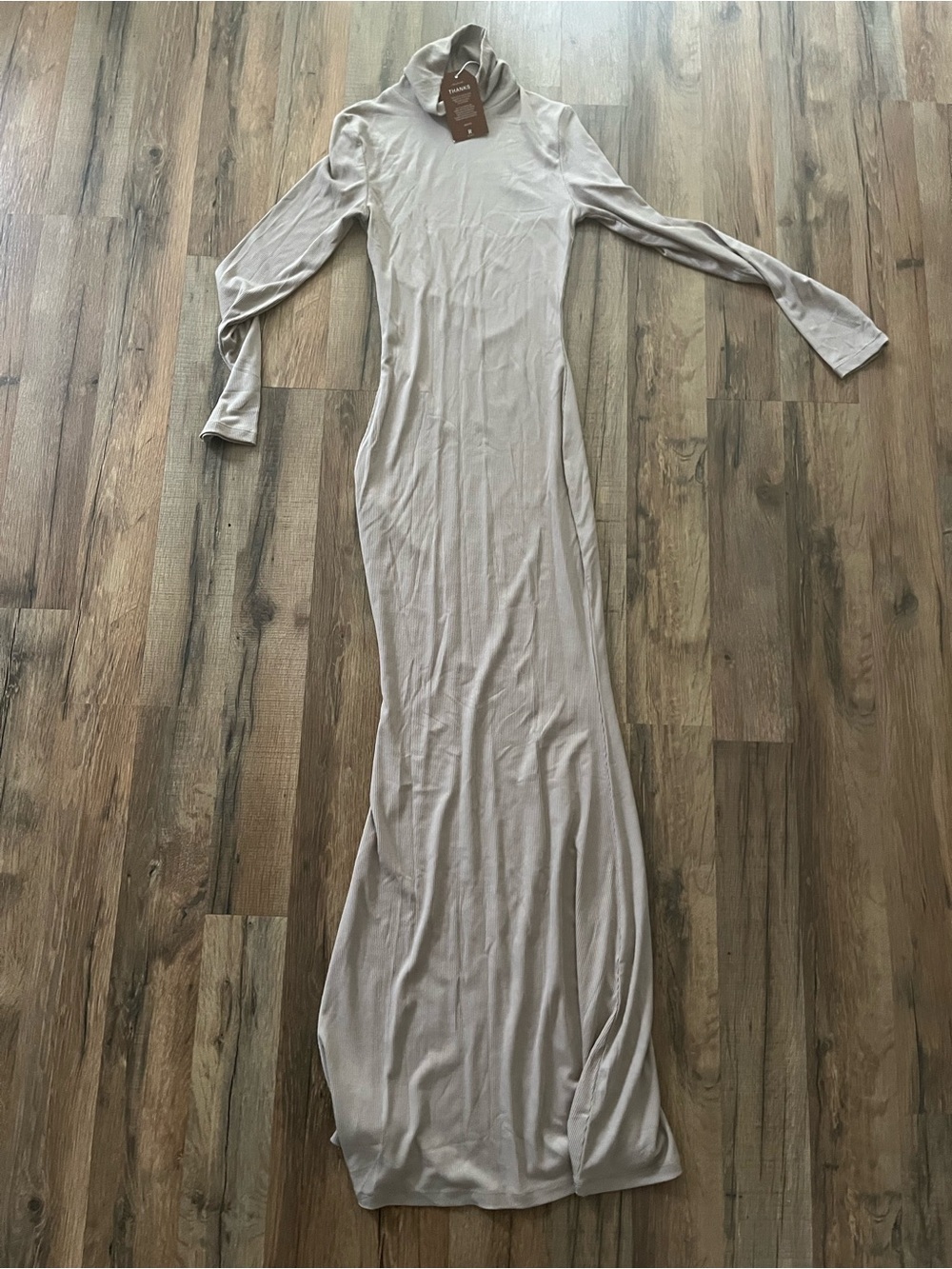 Reoria Long Sleeve Turtleneck Maxi Dress in Light Beige